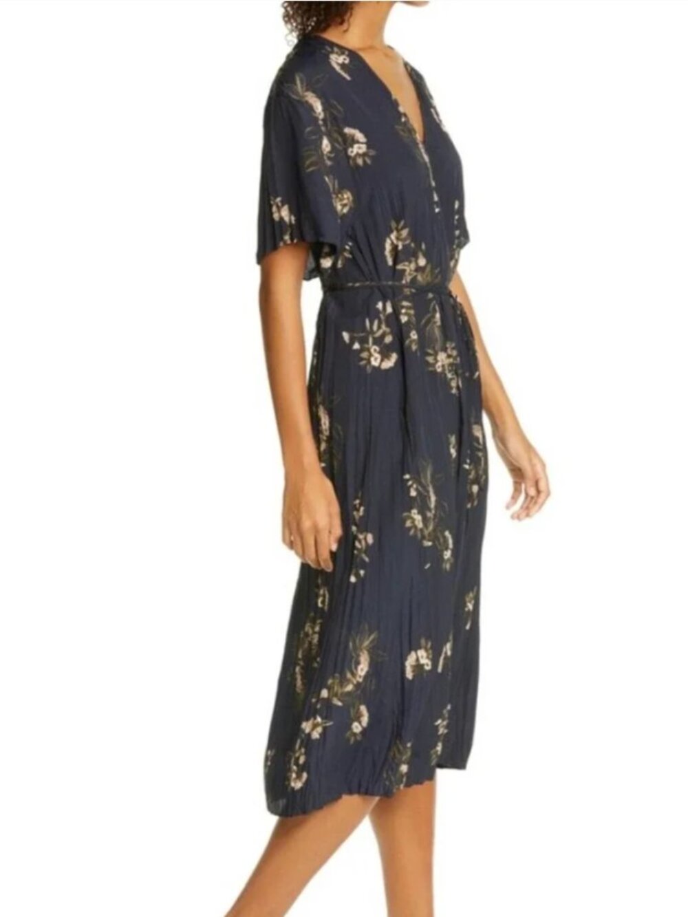 Vince $445 Navy Painted Blooms Floral Print Midi Dress | Size S